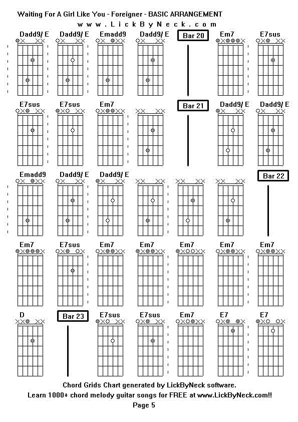 Chord Grids Chart of chord melody fingerstyle guitar song-Waiting For A Girl Like You - Foreigner - BASIC ARRANGEMENT,generated by LickByNeck software.